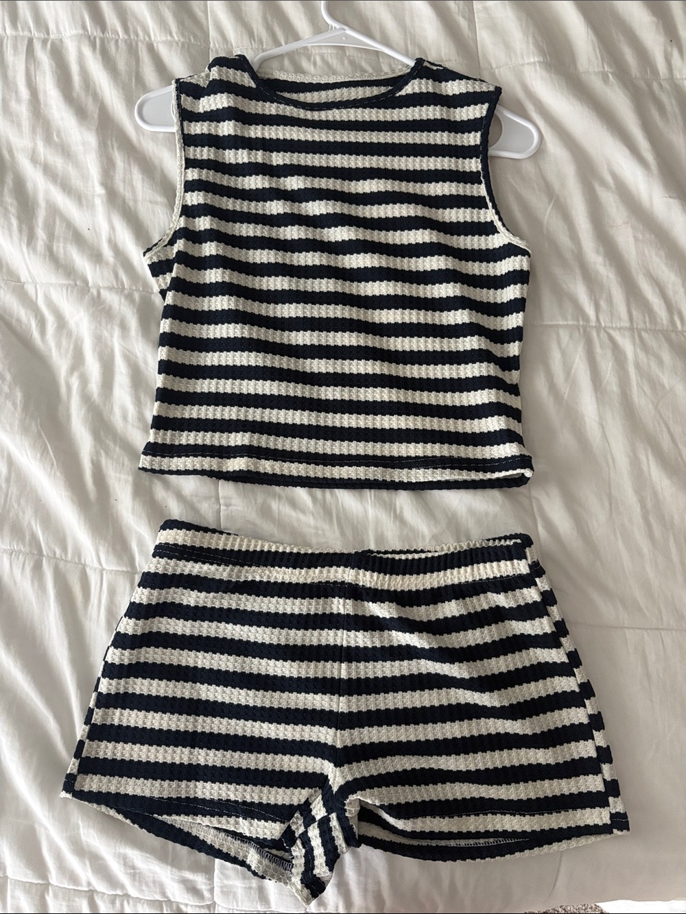 Striped Knit Tank and Shorts Set - Black & Cream